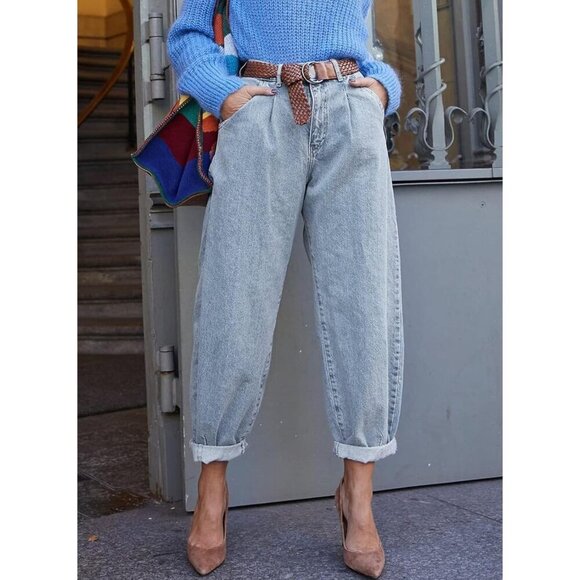 Women’s High Waisted Baggy Denim Jeans Cropped Loose Fit Casual Pants - Picture 3 of 6